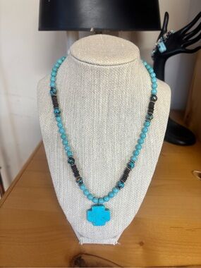 Turquoise Beaded Cross Necklace - Blue Stone Pendant